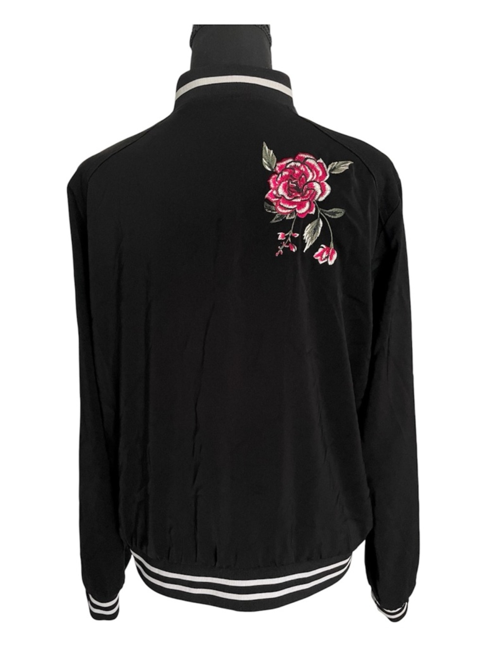 Susan Graver Bomber Jacket Womens M Black Floral Embroidered Zip Up Casual - Picture 2 of 8